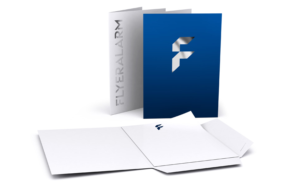 Presentation folder - two interlocking flaps, portrait, silver hot foil stamping